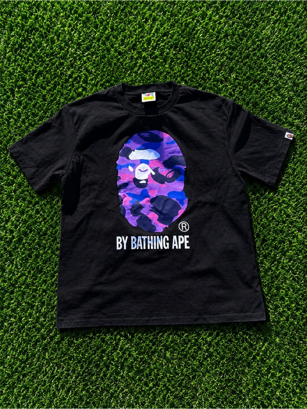 A Bathing Ape Black Tee with Purple Camo Ape Logo